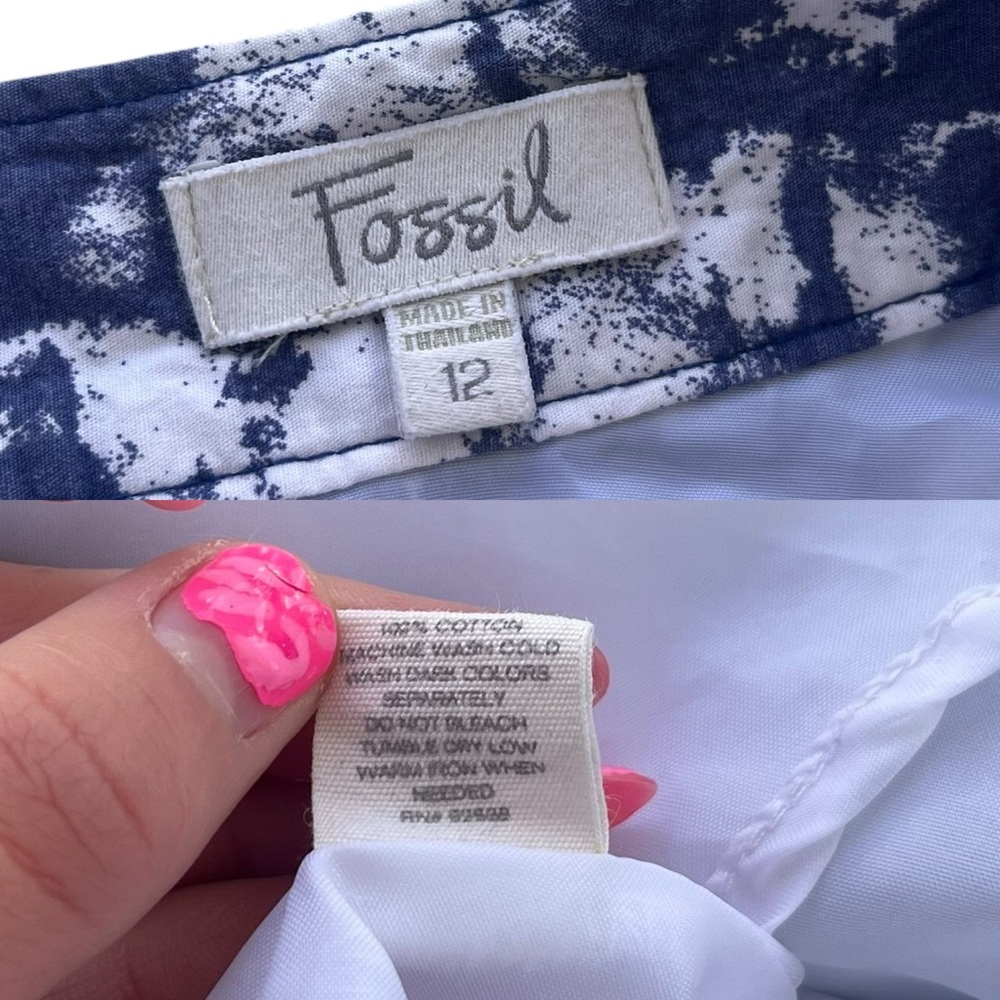 Fossil Women’s Size 12 Blue White Tie-dye Pleated Lined A-line Mini Skirt Cotton - Picture 3 of 16